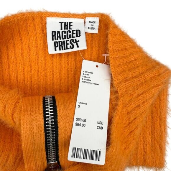 NWT THE RAGGED PRIEST Bug Fuzzy Ribbed Knit Sweater Halter Top Size Small Orange - Picture 3 of 7